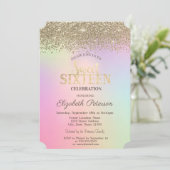 Invitation Chic Gold Confetti Diamants Holographique Sweet 16 (Debout devant)