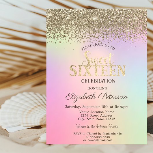 Invitation Chic Gold Confetti Diamants Holographique Sweet 16