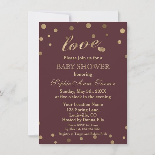Invitation Chic Gold Confetti Love Baby shower Bourgogne (Devant)