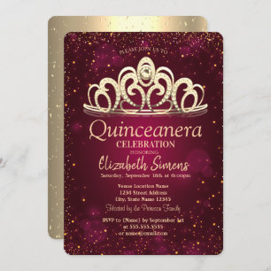 Invitation Chic Gold Confetti Tiara Burgundy Quinceañera