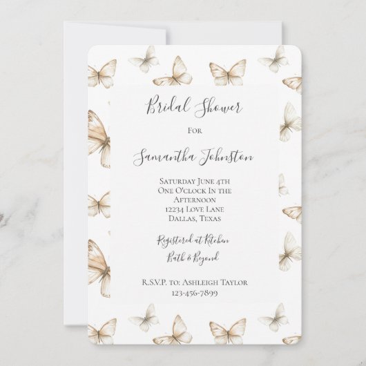 Invitation Chic Gold Cream White Butterflies Bridal Shower (Devant)
