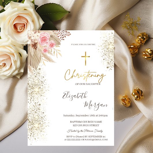 Invitation Chic Gold Cross Baptism Gold Parties scintillant B
