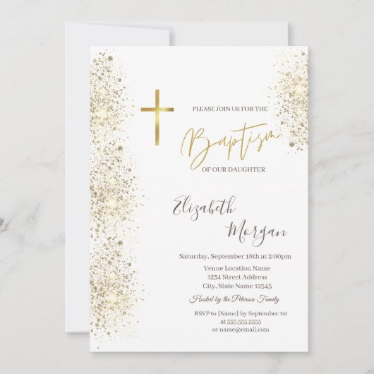Invitation Chic Gold Cross Baptism Gold Parties scintillant C (Devant)
