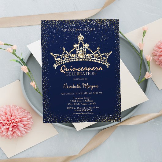 Invitation Chic Gold Diamonds Couronne Marine Bleu Quinceañer