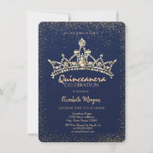 Invitation Chic Gold Diamonds Couronne Marine Bleu Quinceañer (Devant)