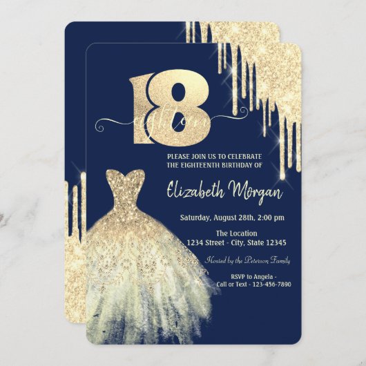 Invitation Chic Gold Drips robe bleu marine 18e anniversaire (Devant / Derrière)