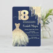 Invitation Chic Gold Drips robe bleu marine 18e anniversaire (Debout devant)