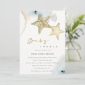 Invitation Chic Gold Dusky Blue Beachy Starfish Baby shower (Debout devant)