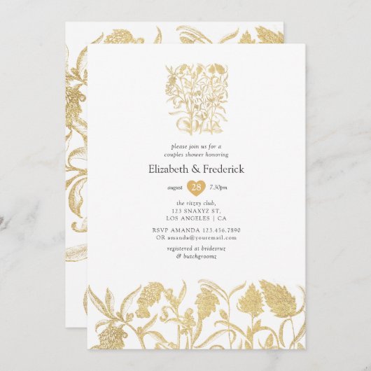 Invitation Chic Gold Floral Couples Douche (Devant / Derrière)