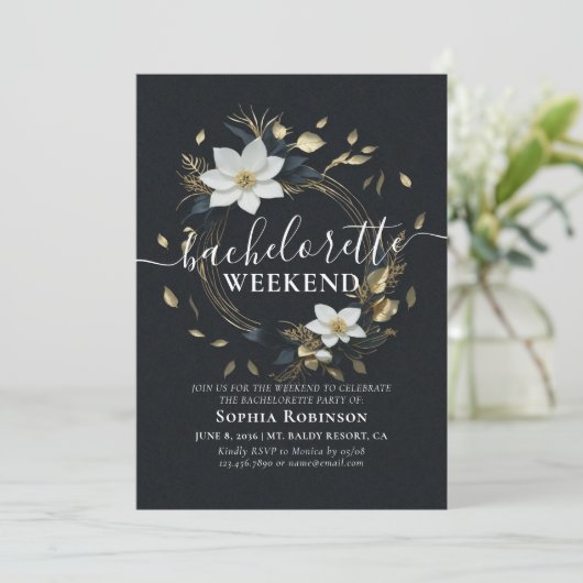 Invitation Chic Gold Floral Wreath Bachelorette Party Weeken (Debout devant)