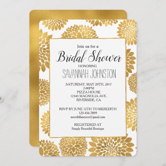 Invitation Chic Gold Flowers douche nuptiale (Devant / Derrière)