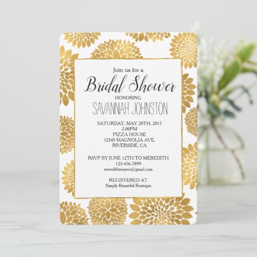 Invitation Chic Gold Flowers douche nuptiale (Debout devant)
