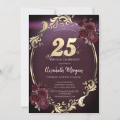 Invitation Chic Gold Frame Bourgogne Roses 25e anniversaire (Devant)
