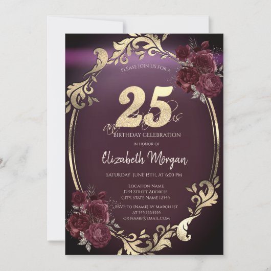 Invitation Chic Gold Frame Bourgogne Roses 25e anniversaire (Devant)