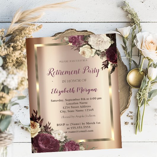 Invitation Chic Gold Frame Burgundy Retraite Rose