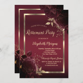 Invitation Chic Gold Frame Dark Red Roses Retirement (Devant / Derrière)