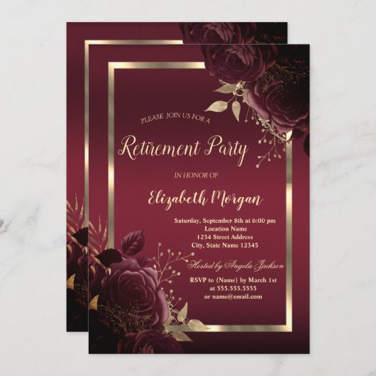 Invitation Chic Gold Frame Dark Red Roses Retirement (Devant / Derrière)