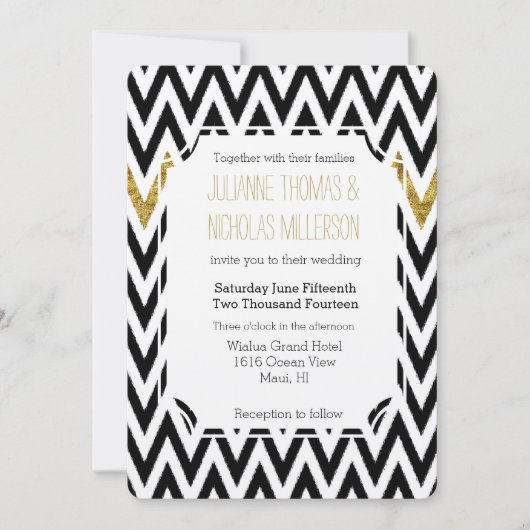 Invitation Chic Gold Glam et Black Chevron Mariage (Devant)