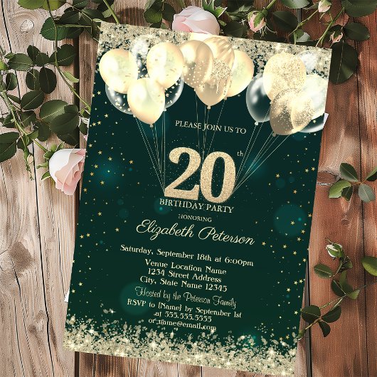 Invitation Chic Gold Glitter Confetti Balloons Green 20th