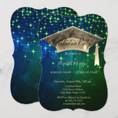 Invitation Chic Gold Graduation Cap, Stars Green Graduation (Devant / Derrière)