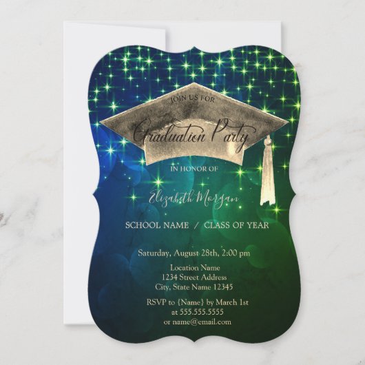 Invitation Chic Gold Graduation Cap, Stars Green Graduation (Devant)