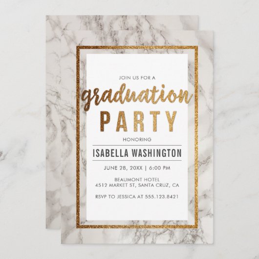 Invitation Chic Gold & Marble Typographie Partie de graduatio (Devant / Derrière)