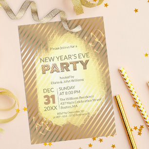 Invitation Chic Gold Metallic Stripes Soirée du Nouvel An