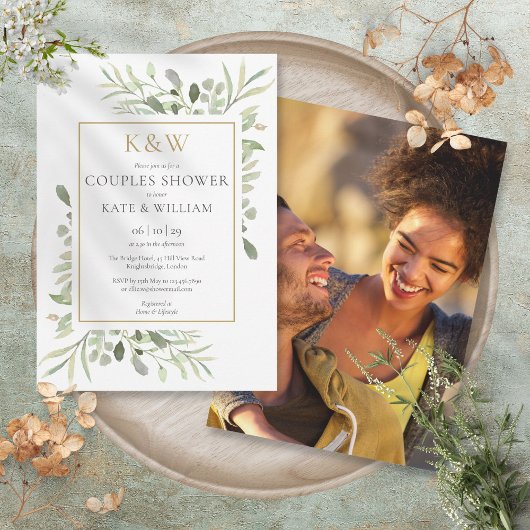 Invitation Chic Gold Monogramme Verdure Photo Couples Douche