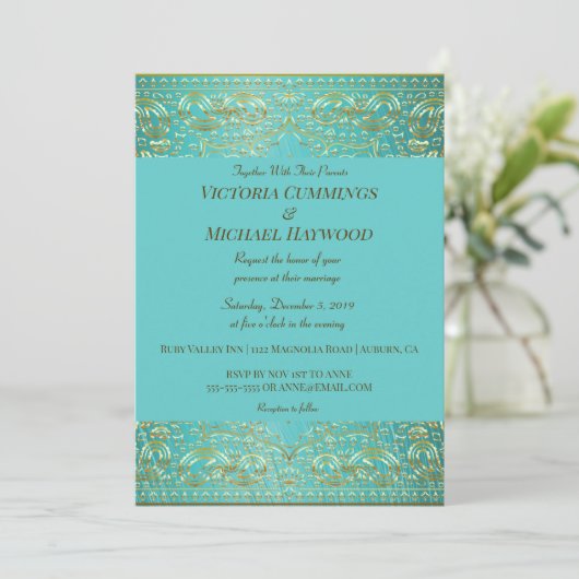 Invitation Chic Gold Paisley et Aqua Blue (Debout devant)
