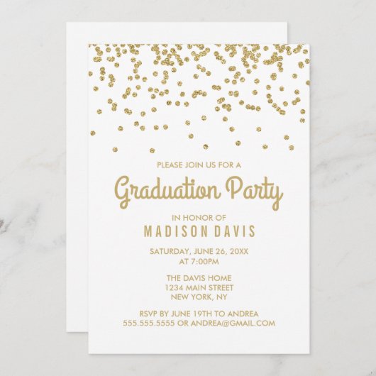 Invitation Chic Gold Parties scintillant Confetti Graduation (Devant / Derrière)