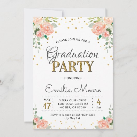 Invitation Chic Gold Parties scintillant Floral Peony Graduat (Devant)