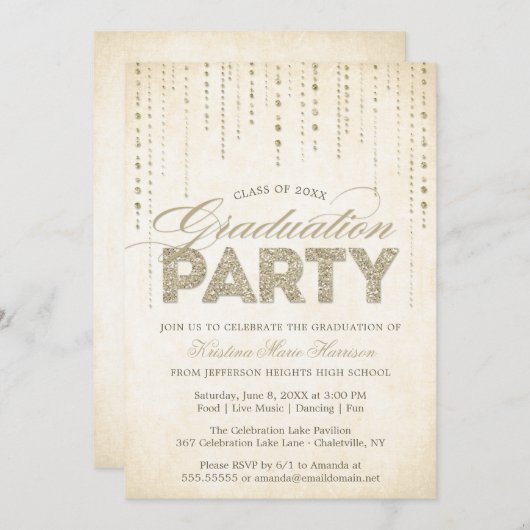 Invitation Chic Gold Parties scintillant Gems Graduation (Devant / Derrière)