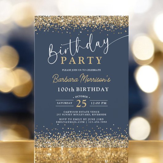 Invitation Chic Gold Parties scintillant Marine Bleu Annivers