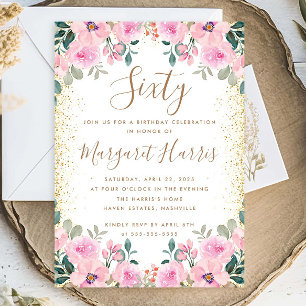 Invitation Chic Gold Parties scintillant rose Floral 60e Soix