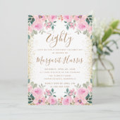 Invitation Chic Gold Parties scintillant rose florale 80e ann (Debout devant)