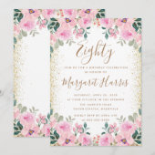 Invitation Chic Gold Parties scintillant rose florale 80e ann (Devant / Derrière)