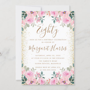 Invitation Chic Gold Parties scintillant rose florale 80e ann