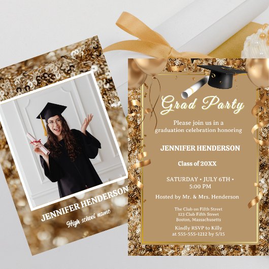 Invitation Chic Gold Sequins Graduation Party 2025