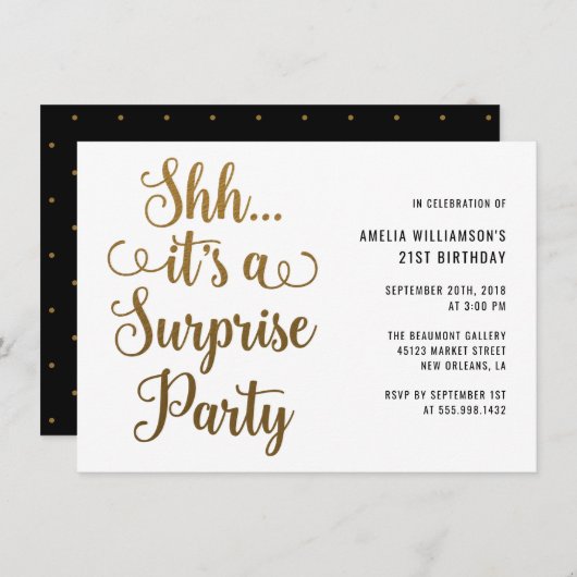 Invitation Chic Gold Shh... C'est une typographie de parti su (Devant / Derrière)
