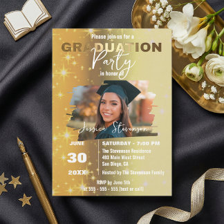 Invitation Chic Gold Sparkly Metallic Photo Graduation Party