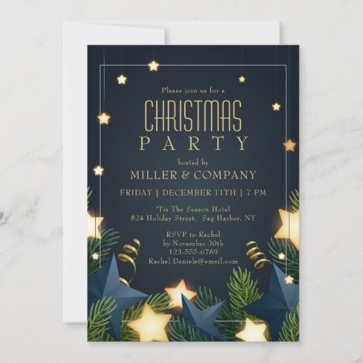Invitation Chic Gold Star Pine Corporate Noël Party (Devant)