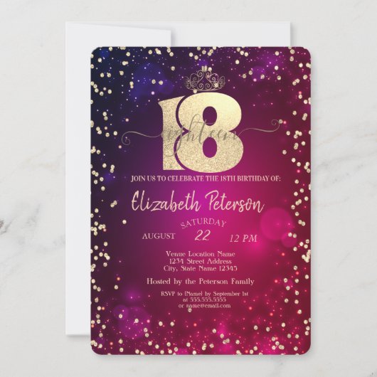 Invitation Chic Gold Tiara, Diamants 18ème Anniversaire (Devant)