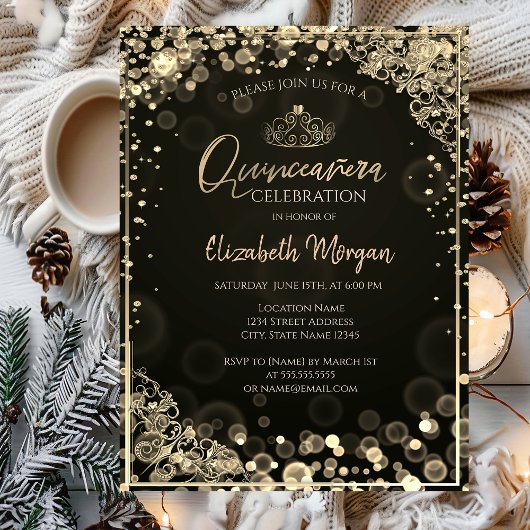 Invitation Chic Gold Tiara, Diamonds Dark Bokeh Quinceañera