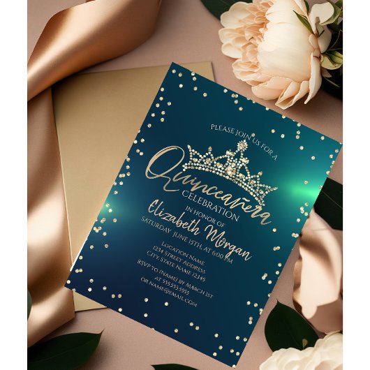 Invitation Chic Gold Tiara, Diamonds Green Quinceañera