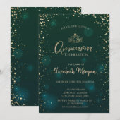 Invitation Chic Gold Tiara, Diamonds Green Quinceañera (Devant / Derrière)