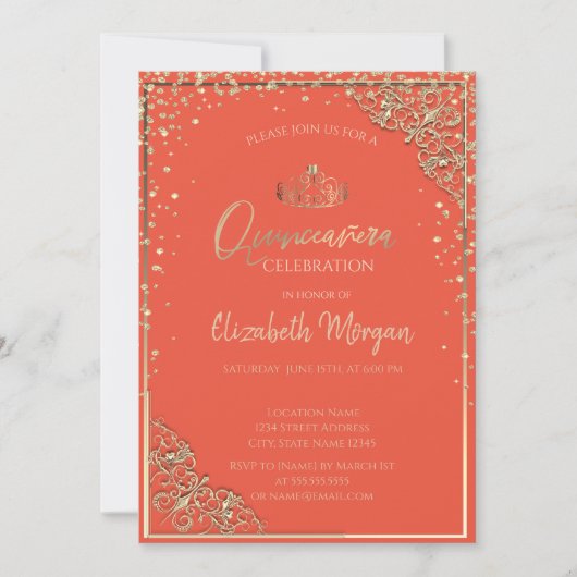 Invitation Chic Gold Tiara, Diamonds Orange Quinceañera (Devant)