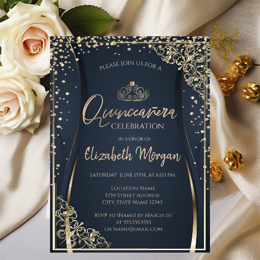 Invitation Chic Gold Tiara, Diamonds Quinceañera