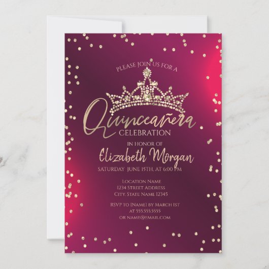 Invitation Chic Gold Tiara,Diamonds Red Quinceañera  (Devant)