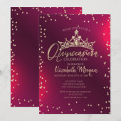 Invitation Chic Gold Tiara,Diamonds Red Quinceañera  (Devant / Derrière)