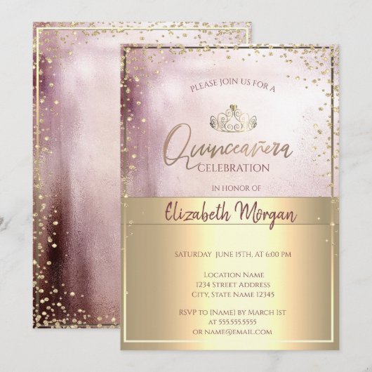 Invitation Chic Gold Tiara, Diamonds Rose Gold Quinceañera (Devant / Derrière)